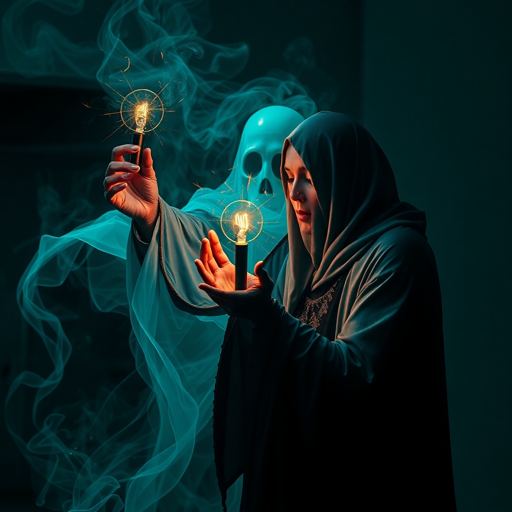 A creative light art piece in rich deep teal depicting a ghost performing black magic on another, with artistic lighting, abstract patterns, luxurious and vibrant aesthetics Black Magic