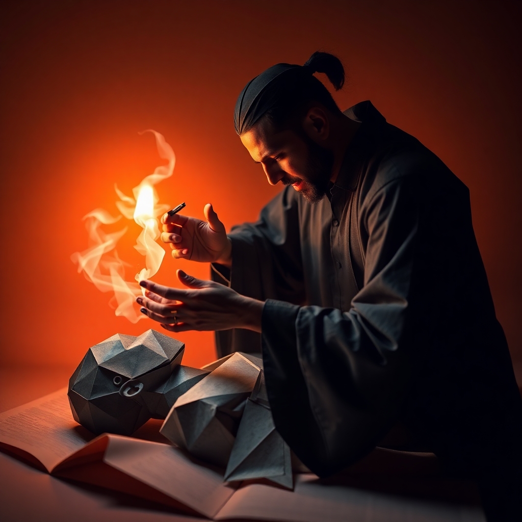 A dramatic cinematic style image intricate origami-style depiction of a man performing black magic on another, folded paper look, geometric precision, film-like composition and lighting Black Magic