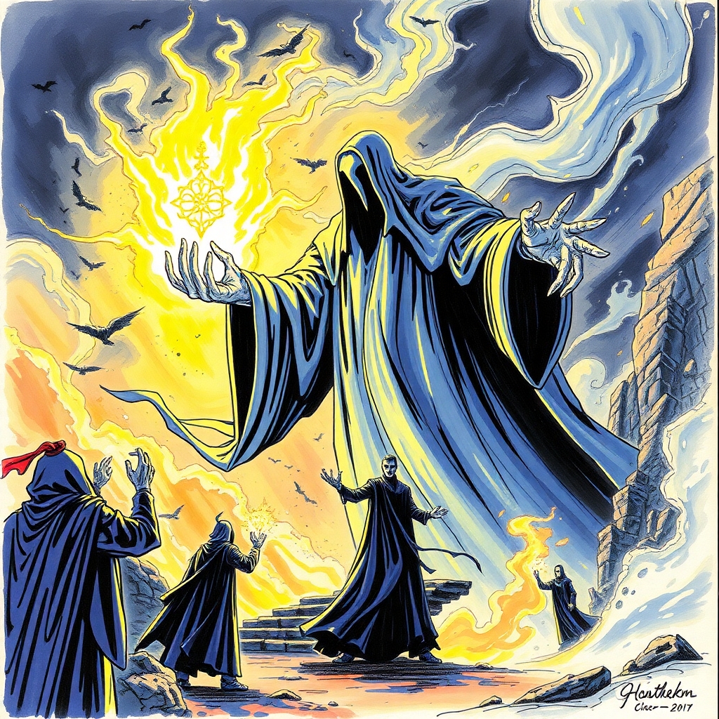 A hand-drawn color sketchnote depicting a grand, epic scene of a ghost performing black magic, illuminated by a modern, futuristic lens glow, showcasing heroic elements and massive scale Black Magic