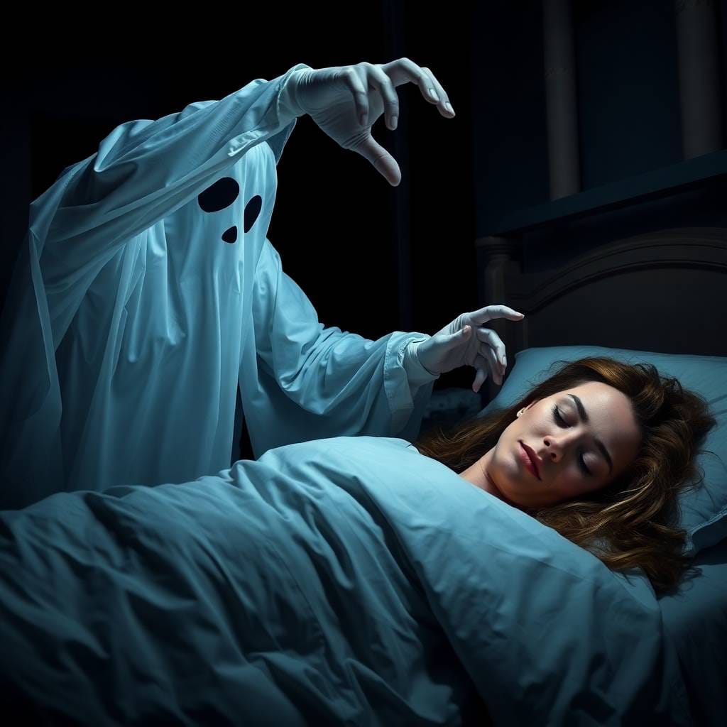 A high-resolution stock photo of a ghost attacking a sleeping woman at night. The image should have commercial, professional quality Horror Ghost