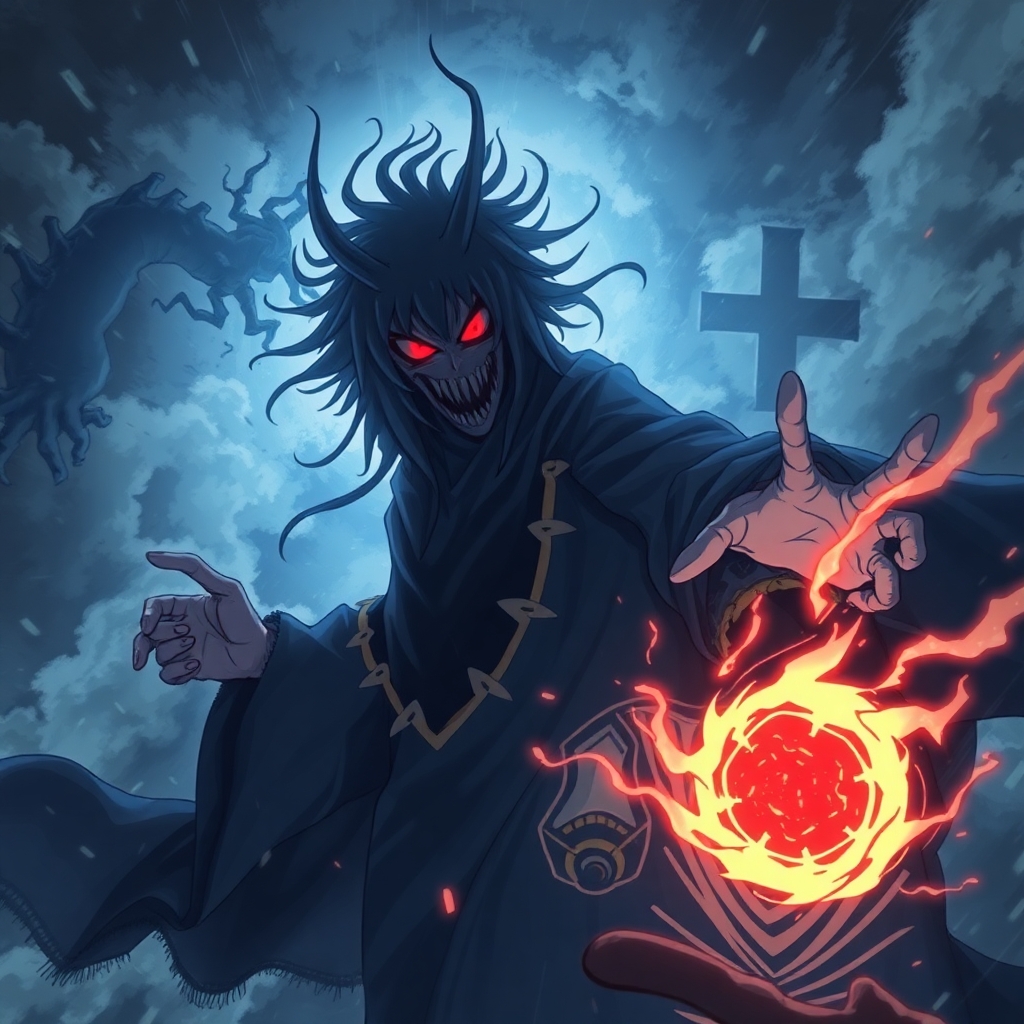 An intense, expressive Isekai anime-style depiction of a ghost performing black magic on another, set against stormy skies, high tension, and dramatic weather Black Magic