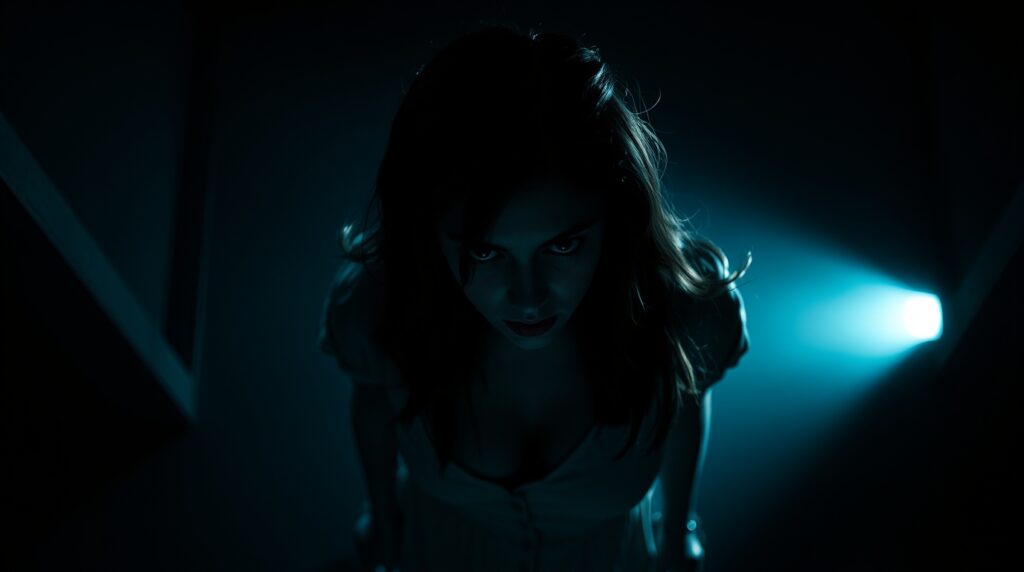 A Veronica movie poster using high-contrast low-key lighting from a high-angle perspective, looking down on the subject. Deep shadows and a dramatic effect are emphasized veronica