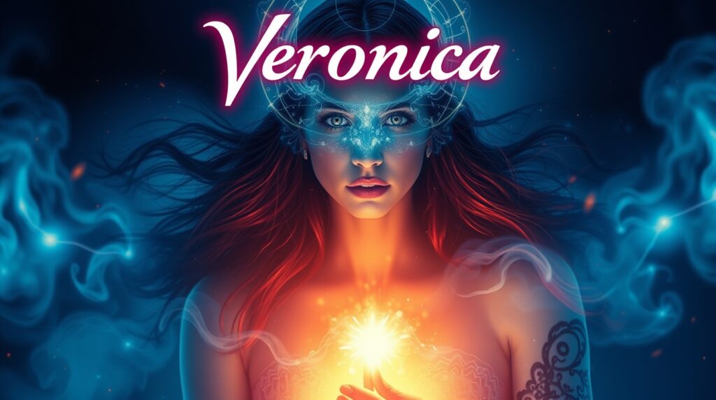 Veronica movie poster, ethereal spiritual vibe, light aura, mystical feeling, electric vivid colors